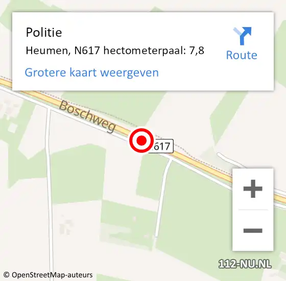Locatie op kaart van de 112 melding: Politie Heumen, N617 hectometerpaal: 7,8 op 21 augustus 2021 02:15