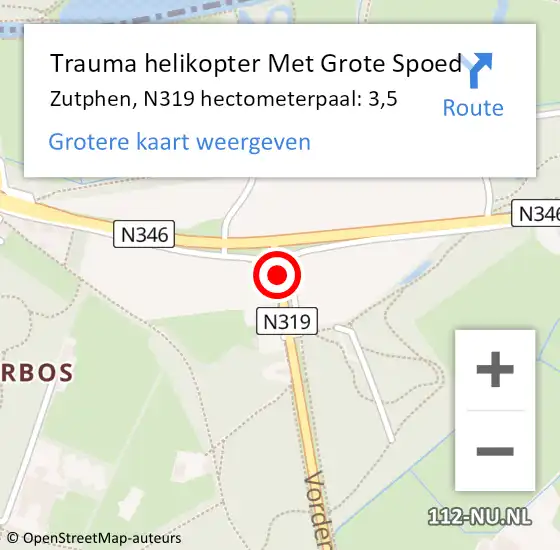 Locatie op kaart van de 112 melding: Trauma helikopter Met Grote Spoed Naar Zutphen, N319 hectometerpaal: 3,5 op 22 augustus 2021 18:38