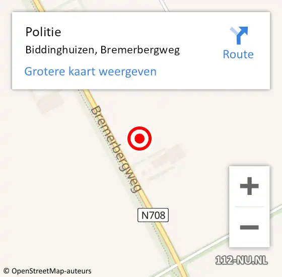 Locatie op kaart van de 112 melding: Politie Biddinghuizen, Bremerbergweg op 24 augustus 2021 10:50