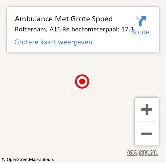 Locatie op kaart van de 112 melding: Ambulance Met Grote Spoed Naar Rotterdam, A16 Re hectometerpaal: 17,3 op 20 juni 2014 17:09