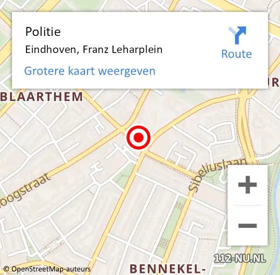 Locatie op kaart van de 112 melding: Politie Eindhoven, Franz Leharplein op 25 augustus 2021 21:51