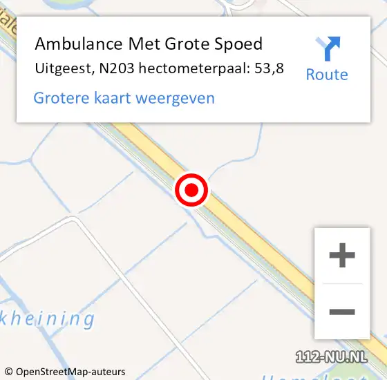 Locatie op kaart van de 112 melding: Ambulance Met Grote Spoed Naar Uitgeest, N203 hectometerpaal: 53,8 op 27 augustus 2021 12:47
