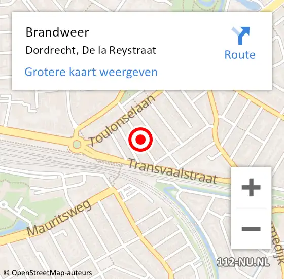 Locatie op kaart van de 112 melding: Brandweer Dordrecht, De la Reystraat op 27 augustus 2021 16:07