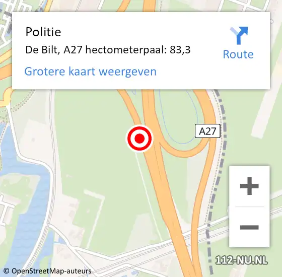 Locatie op kaart van de 112 melding: Politie De Bilt, A27 hectometerpaal: 83,3 op 27 augustus 2021 17:44