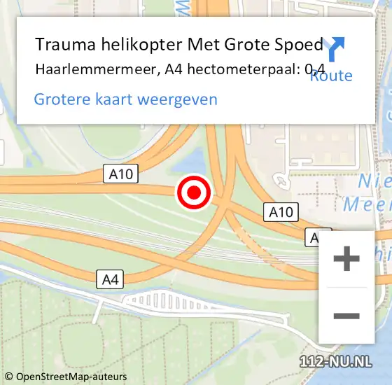 Locatie op kaart van de 112 melding: Trauma helikopter Met Grote Spoed Naar Haarlemmermeer, A4 hectometerpaal: 0,4 op 27 augustus 2021 22:40