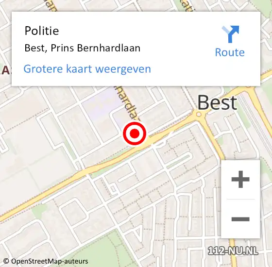 Locatie op kaart van de 112 melding: Politie Best, Prins Bernhardlaan op 28 augustus 2021 01:46