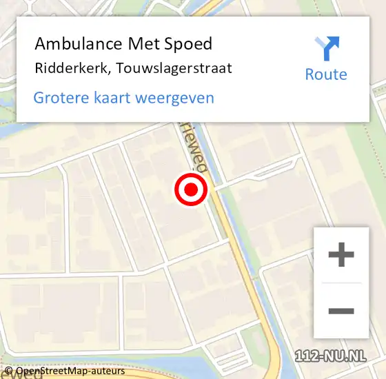 Locatie op kaart van de 112 melding: Ambulance Met Spoed Naar Ridderkerk, Touwslagerstraat op 1 september 2021 05:02