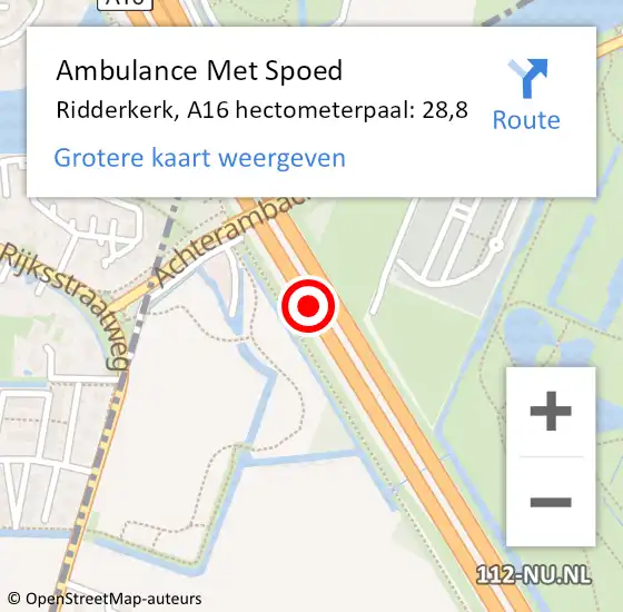 Locatie op kaart van de 112 melding: Ambulance Met Spoed Naar Ridderkerk, A16 hectometerpaal: 28,8 op 1 september 2021 22:21