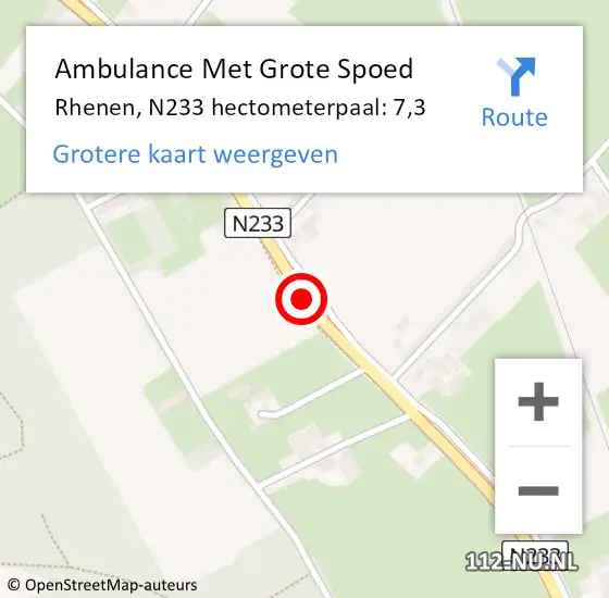 Locatie op kaart van de 112 melding: Ambulance Met Grote Spoed Naar Rhenen, N233 hectometerpaal: 7,3 op 2 september 2021 12:05