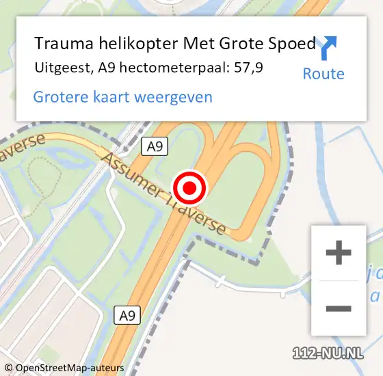 Locatie op kaart van de 112 melding: Trauma helikopter Met Grote Spoed Naar Uitgeest, A9 hectometerpaal: 57,9 op 4 september 2021 05:21