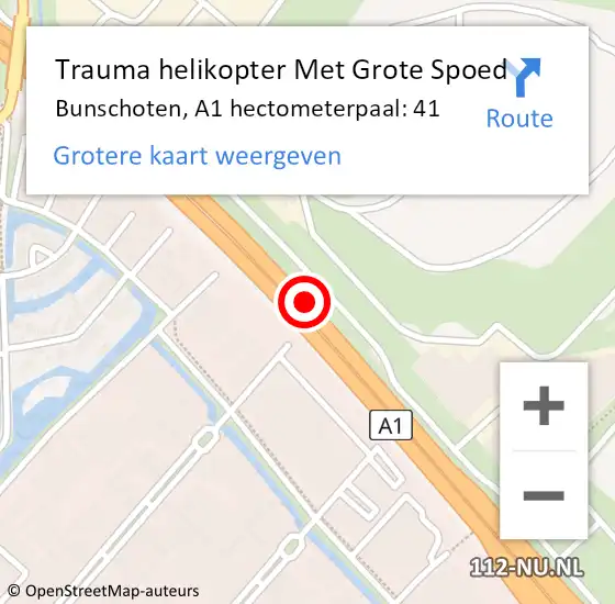 Locatie op kaart van de 112 melding: Trauma helikopter Met Grote Spoed Naar Bunschoten, A1 hectometerpaal: 41 op 4 september 2021 10:02