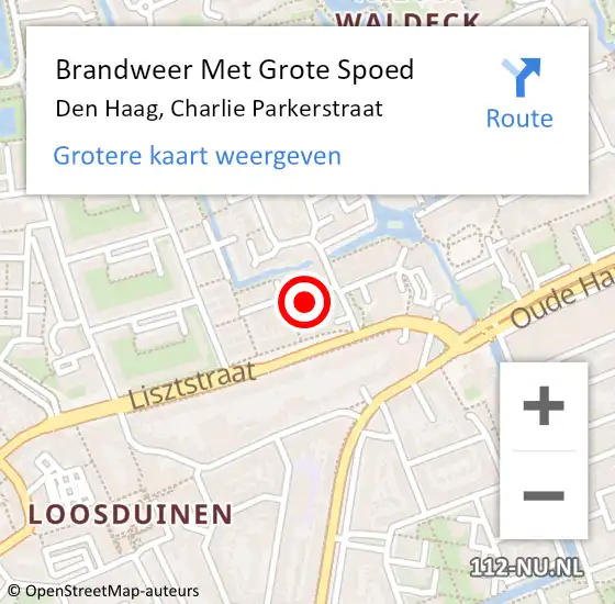 Locatie op kaart van de 112 melding: Brandweer Met Grote Spoed Naar Den Haag, Charlie Parkerstraat op 4 september 2021 14:13