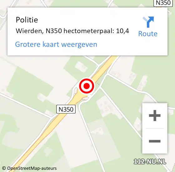 Locatie op kaart van de 112 melding: Politie Wierden, N350 hectometerpaal: 10,4 op 5 september 2021 10:02