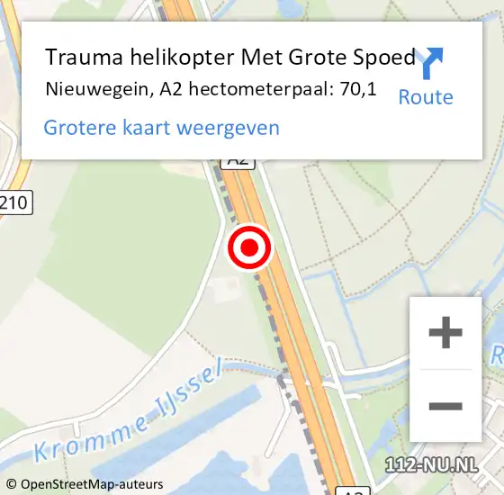 Locatie op kaart van de 112 melding: Trauma helikopter Met Grote Spoed Naar Nieuwegein, A2 hectometerpaal: 70,1 op 5 september 2021 13:40