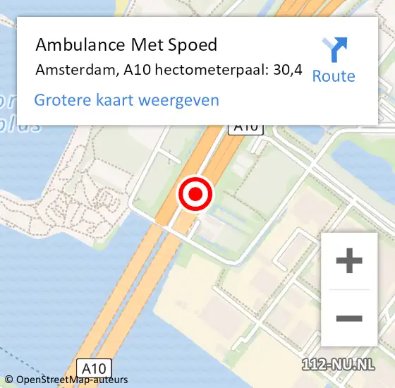 Locatie op kaart van de 112 melding: Ambulance Met Spoed Naar Amsterdam, A10 hectometerpaal: 30,4 op 5 september 2021 14:46
