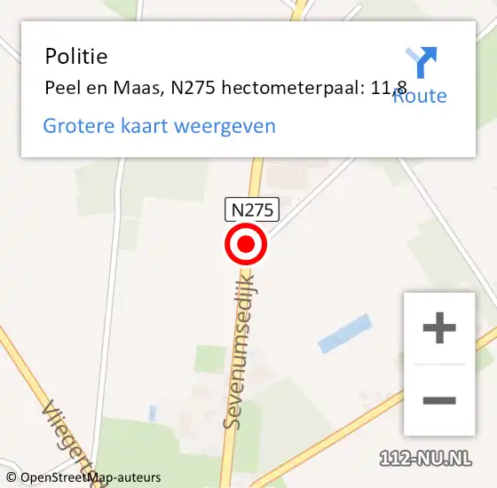 Locatie op kaart van de 112 melding: Politie Peel en Maas, N275 hectometerpaal: 11,8 op 5 september 2021 16:09