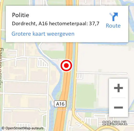 Locatie op kaart van de 112 melding: Politie Dordrecht, A16 hectometerpaal: 37,7 op 5 september 2021 19:39
