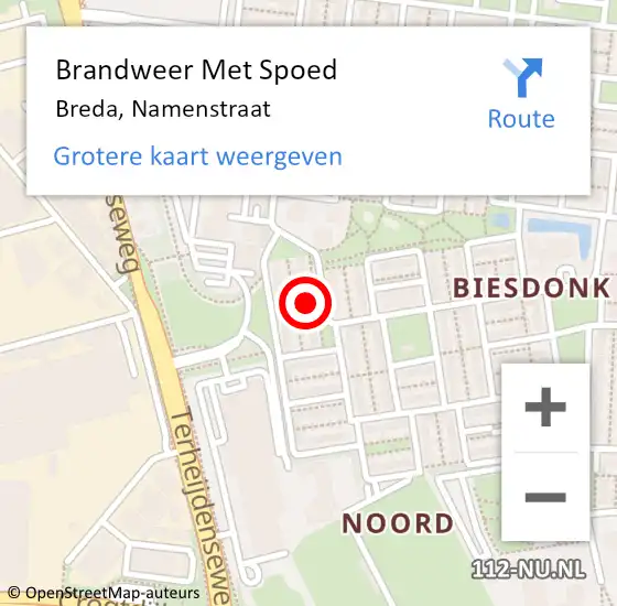 Locatie op kaart van de 112 melding: Brandweer Met Spoed Naar Breda, Namenstraat op 6 september 2021 00:21