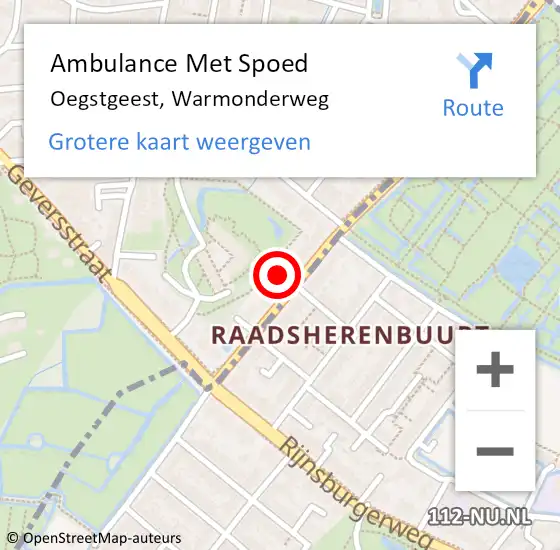 Locatie op kaart van de 112 melding: Ambulance Met Spoed Naar Oegstgeest, Warmonderweg op 6 september 2021 17:03