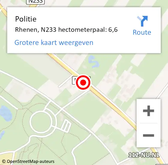 Locatie op kaart van de 112 melding: Politie Rhenen, N233 hectometerpaal: 6,6 op 6 september 2021 17:38