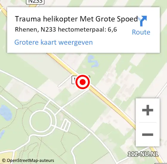 Locatie op kaart van de 112 melding: Trauma helikopter Met Grote Spoed Naar Rhenen, N233 hectometerpaal: 6,6 op 6 september 2021 17:40