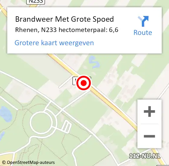 Locatie op kaart van de 112 melding: Brandweer Met Grote Spoed Naar Rhenen, N233 hectometerpaal: 6,6 op 6 september 2021 17:42