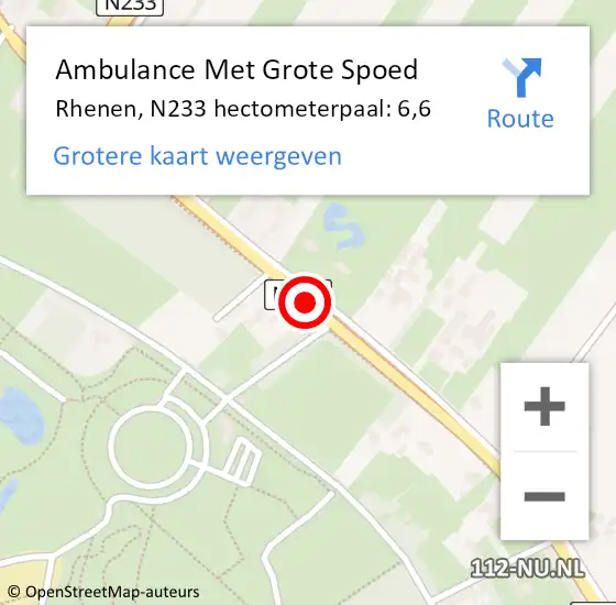 Locatie op kaart van de 112 melding: Ambulance Met Grote Spoed Naar Rhenen, N233 hectometerpaal: 6,6 op 6 september 2021 17:44