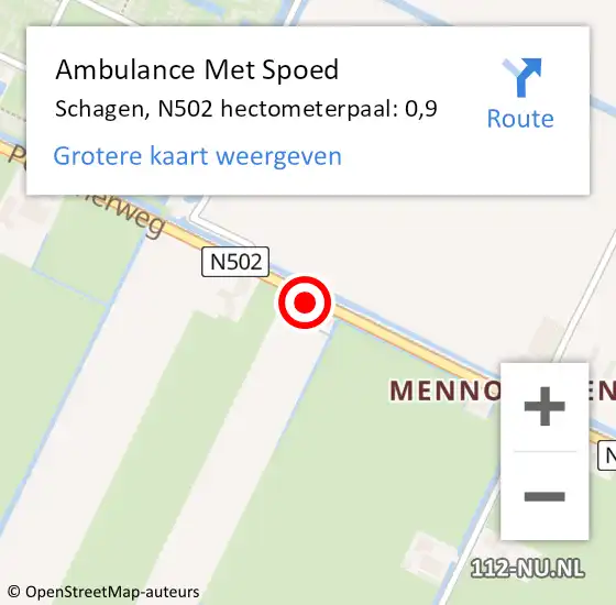 Locatie op kaart van de 112 melding: Ambulance Met Spoed Naar Schagen, N502 hectometerpaal: 0,9 op 8 september 2021 10:10