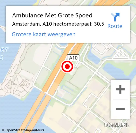 Locatie op kaart van de 112 melding: Ambulance Met Grote Spoed Naar Amsterdam, A10 hectometerpaal: 30,5 op 8 september 2021 13:56