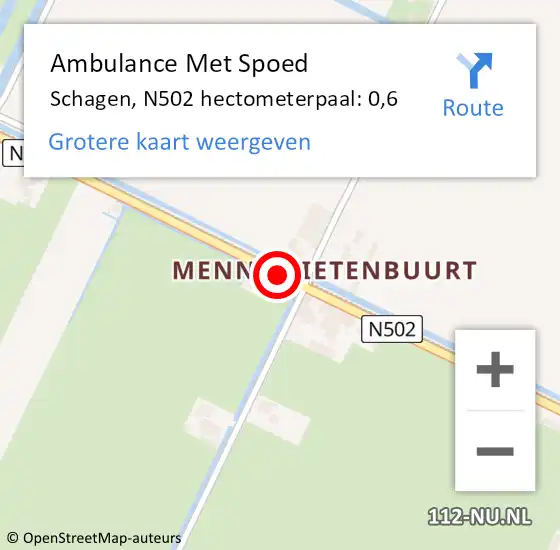 Locatie op kaart van de 112 melding: Ambulance Met Spoed Naar Schagen, N502 hectometerpaal: 0,6 op 8 september 2021 17:06