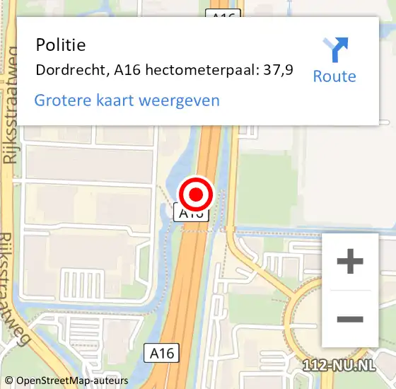 Locatie op kaart van de 112 melding: Politie Dordrecht, A16 hectometerpaal: 37,9 op 9 september 2021 11:43