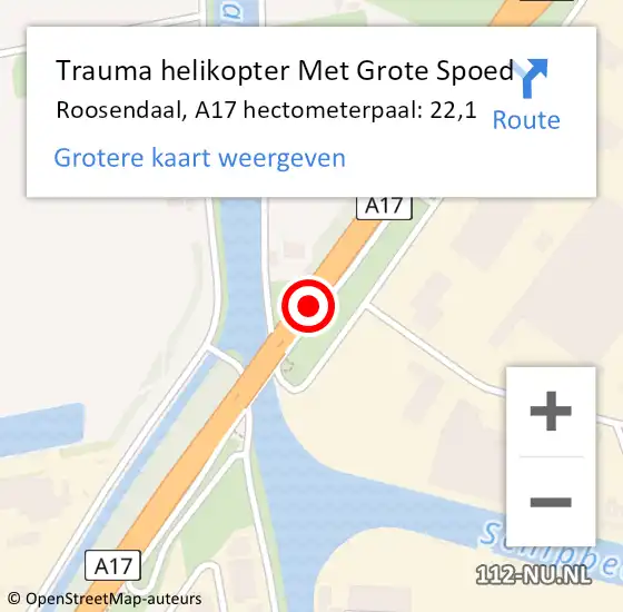 Locatie op kaart van de 112 melding: Trauma helikopter Met Grote Spoed Naar Roosendaal, A17 hectometerpaal: 22,1 op 9 september 2021 16:36
