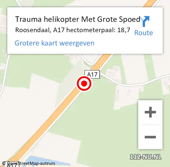 Locatie op kaart van de 112 melding: Trauma helikopter Met Grote Spoed Naar Roosendaal, A17 hectometerpaal: 18,7 op 9 september 2021 16:41