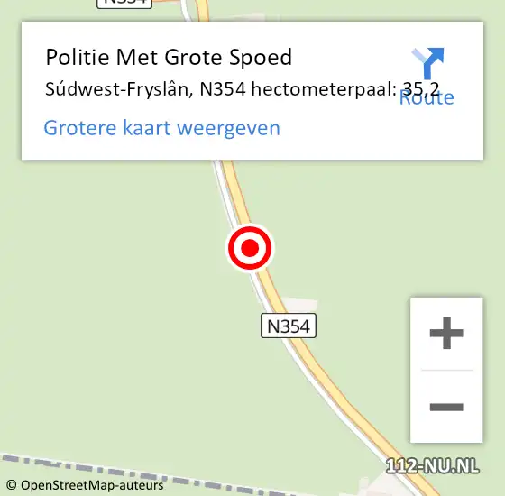 Locatie op kaart van de 112 melding: Politie Met Grote Spoed Naar Súdwest-Fryslân, N354 hectometerpaal: 35,2 op 11 september 2021 11:44