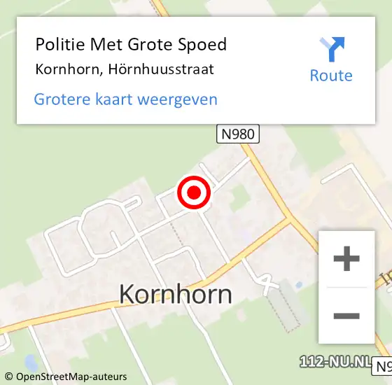 Locatie op kaart van de 112 melding: Politie Met Grote Spoed Naar Kornhorn, Hörnhuusstraat op 12 september 2021 15:08