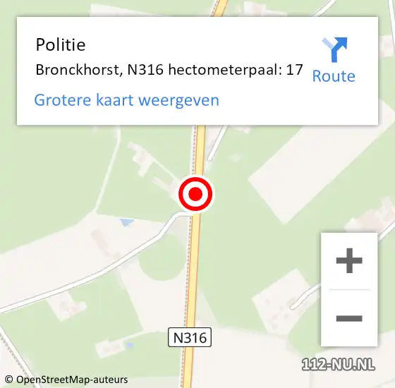 Locatie op kaart van de 112 melding: Politie Bronckhorst, N316 hectometerpaal: 17 op 14 september 2021 14:13