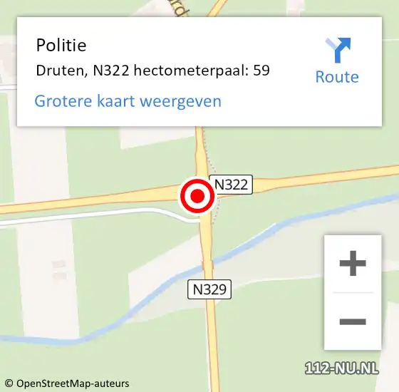 Locatie op kaart van de 112 melding: Politie Druten, N322 hectometerpaal: 59 op 14 september 2021 18:42