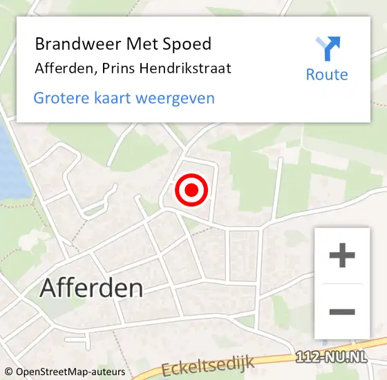 Locatie op kaart van de 112 melding: Brandweer Met Spoed Naar Afferden, Prins Hendrikstraat op 14 september 2021 19:03