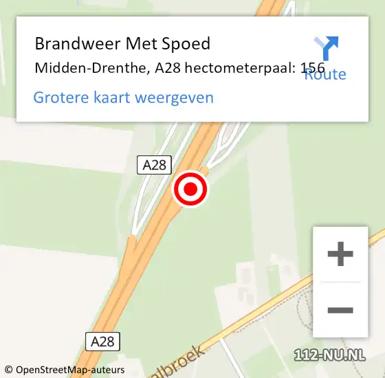 Locatie op kaart van de 112 melding: Brandweer Met Spoed Naar Midden-Drenthe, A28 hectometerpaal: 156 op 15 september 2021 22:36
