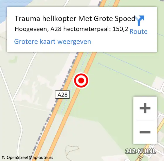Locatie op kaart van de 112 melding: Trauma helikopter Met Grote Spoed Naar Hoogeveen, A28 hectometerpaal: 150,2 op 16 september 2021 07:09