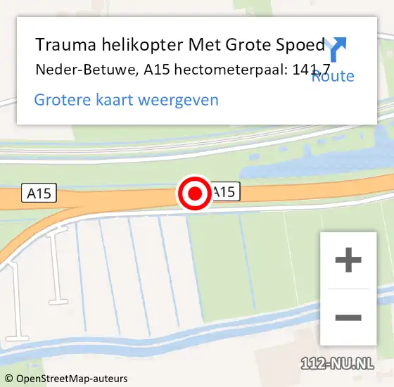Locatie op kaart van de 112 melding: Trauma helikopter Met Grote Spoed Naar Neder-Betuwe, A15 hectometerpaal: 141,7 op 16 september 2021 08:35