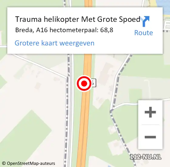 Locatie op kaart van de 112 melding: Trauma helikopter Met Grote Spoed Naar Breda, A16 hectometerpaal: 68,8 op 16 september 2021 14:43