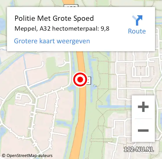 Locatie op kaart van de 112 melding: Politie Met Grote Spoed Naar Meppel, A32 hectometerpaal: 9,8 op 16 september 2021 14:53