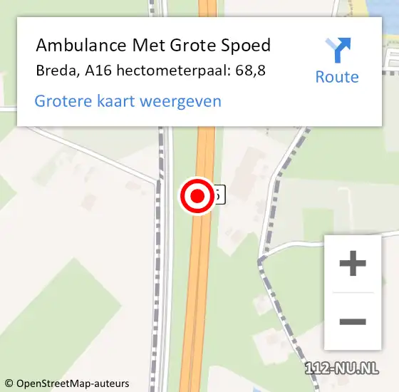 Locatie op kaart van de 112 melding: Ambulance Met Grote Spoed Naar Breda, A16 hectometerpaal: 68,8 op 16 september 2021 14:54