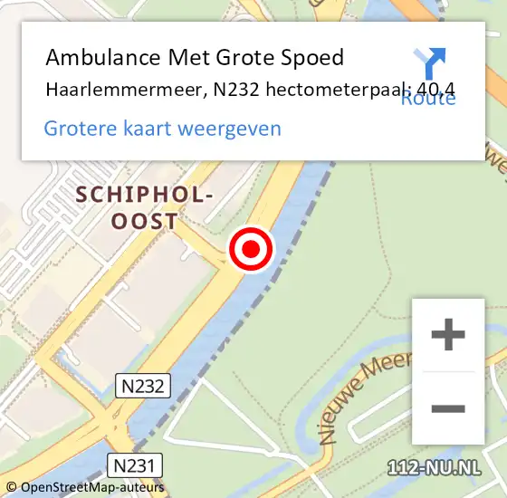 Locatie op kaart van de 112 melding: Ambulance Met Grote Spoed Naar Haarlemmermeer, N232 hectometerpaal: 40,4 op 16 september 2021 15:22