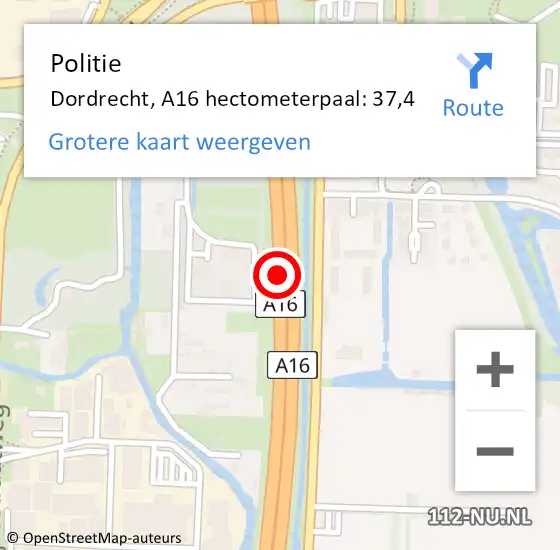 Locatie op kaart van de 112 melding: Politie Dordrecht, A16 hectometerpaal: 37,4 op 17 september 2021 15:13