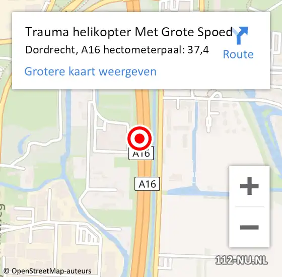 Locatie op kaart van de 112 melding: Trauma helikopter Met Grote Spoed Naar Dordrecht, A16 hectometerpaal: 37,4 op 17 september 2021 15:16