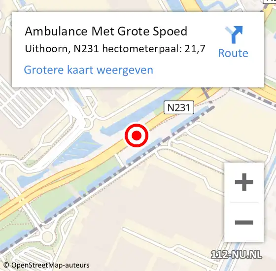Locatie op kaart van de 112 melding: Ambulance Met Grote Spoed Naar Uithoorn, N231 hectometerpaal: 21,7 op 17 september 2021 16:03
