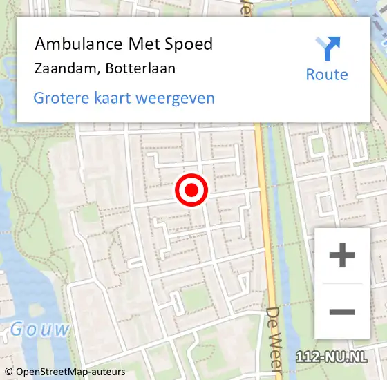Locatie op kaart van de 112 melding: Ambulance Met Spoed Naar Zaandam, Botterlaan op 17 september 2021 16:27
