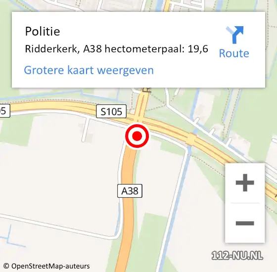 Locatie op kaart van de 112 melding: Politie Ridderkerk, A38 hectometerpaal: 19,6 op 18 september 2021 10:54